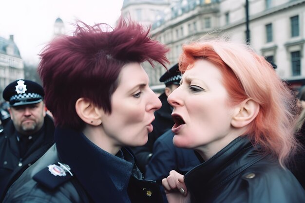 Activiste féminine protestant avec mégaphone lors d'une grève avec un groupe de manifestants en arrière-plan