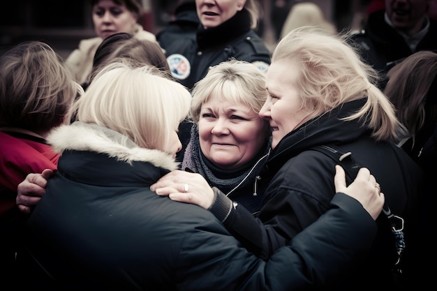 Activiste féminine protestant avec mégaphone lors d'une grève avec un groupe de manifestants en arrière-plan