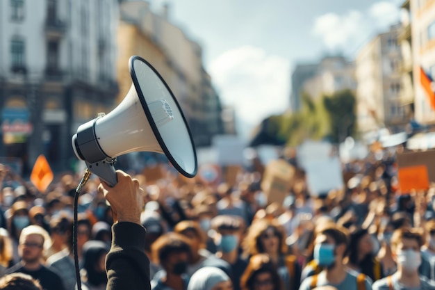 Activiste tenant un mégaphone devant une foule de manifestants dans un environnement urbain