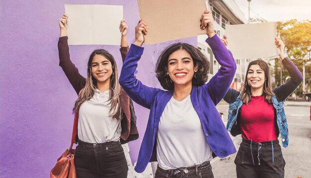 des activistes féminines protestent ensemble dans la rue en montrant des bannières