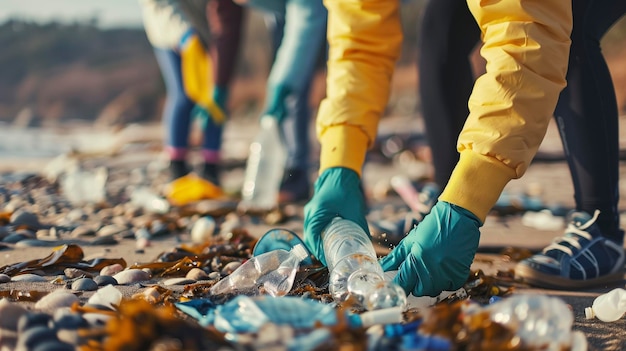 Photo des activistes ramassent des déchets plastiques sur la plage. des hommes et des femmes nettoient la plage avec des sacs.