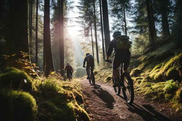 Activité en plein air tôt le matin avec un cycliste et des randonneurs sur un sentier forestier la lumière du soleil coulant à travers les arbres mettant en évidence le paysage naturel