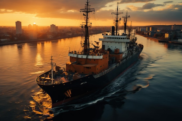 Activité portuaire industrielle Machines lourdes et conteneurs dans un port maritime animéVue panoramique du coucher du soleil