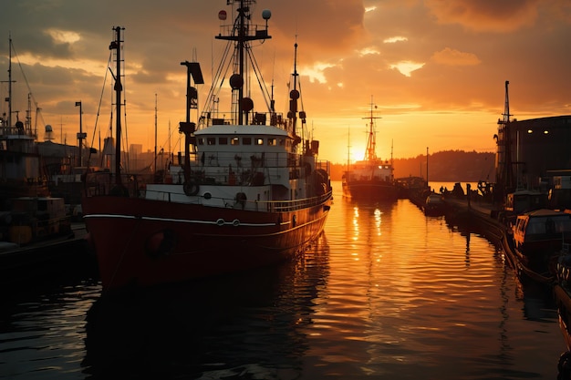 Activité portuaire industrielle Machines lourdes et conteneurs dans un port maritime animéVue panoramique du coucher du soleil