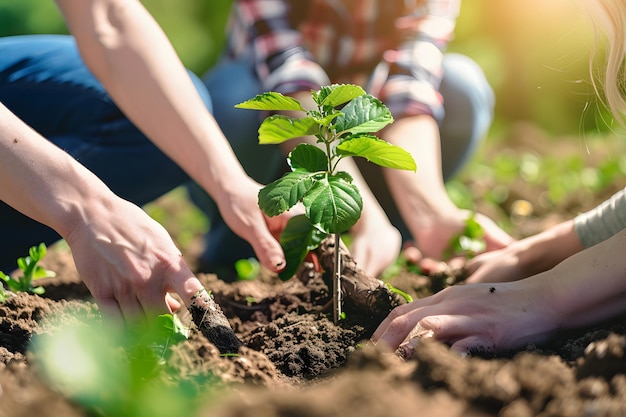 Activités de sauvetage de la Terre Les gens aident à planter des arbres dans le jardin le jour de la Terre