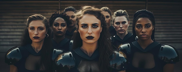 les actrices de l'équipe de football posant pour la caméra dans le style de la science-fiction noir