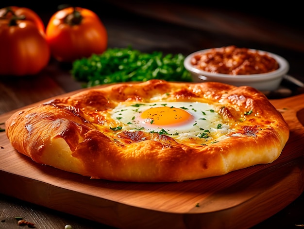 Adjaran Khachapuri Gros plan sur une planche de cuisine en bois générée par l'IA