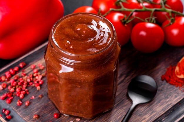 Photo adjika, un assaisonnement épicé de la cuisine géorgienne, dans un bol avec du poivre rouge et de l'ail