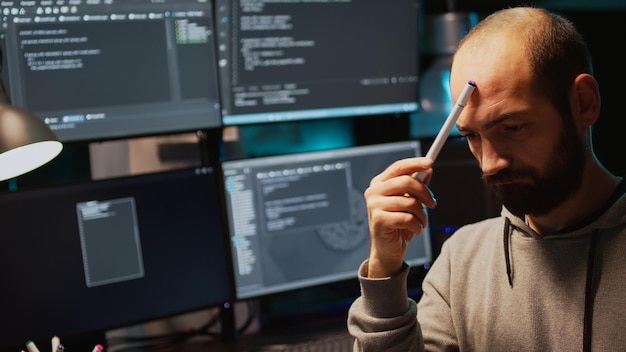 L'administrateur de la base de données réfléchit à la solution de programmation, réfléchit à de nouvelles idées pour trouver le code source et développer l'application. Être pensif et réfléchi en travaillant sur les données d'IA du cloud computing. Prise de vue à main levée.