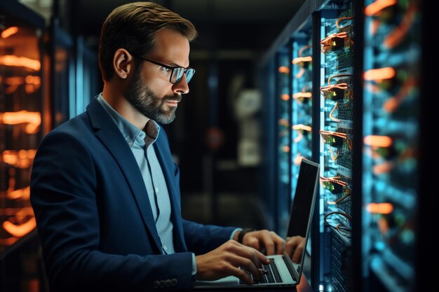 Photo l'administrateur professionnel de la cybersécurité caucasienne effectue une opération de transfert de données dans le centre de données numériques