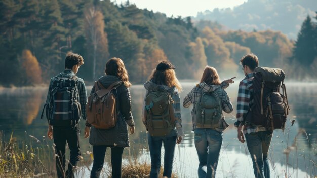 Photo en admirant la vue d'un lac, cinq amis s'arrêtent et regardent autour d'eux.