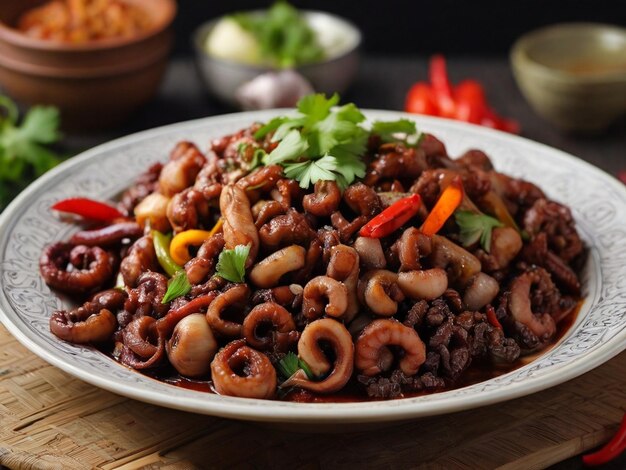 Photo adobong pugita octopus stirfry avec de l'ail frais et des poivrons