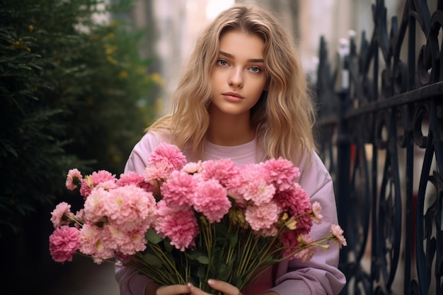 L'adolescence en fleurs Un voyage d'adolescents avec un bouquet de fleurs roses sur le trottoir