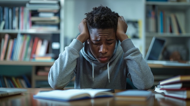 Adolescent africain qui étudie débordé assis à un bureau en classe ou à la bibliothèque entouré de livres pour l'éducation et le concept de stress académique