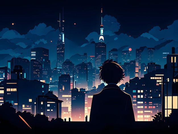 adolescent anime avec vue sur le paysage urbain