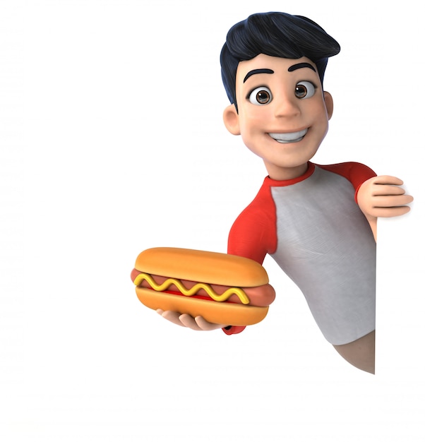 Adolescent asiatique 3D amusant avec un style manga avec hot-dog