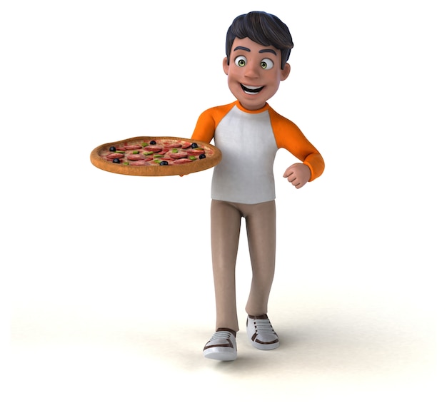 Adolescent asiatique amusant de dessin animé 3D avec pizza