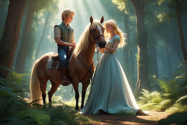 Un adolescent blond et une fille vêtus d'une robe fluide sont assis sur un cheval d'élevage de chevaux de forêt d'automne