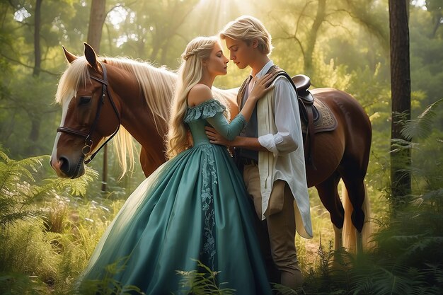 Un adolescent blond et une fille vêtus d'une robe fluide sont assis sur un cheval d'élevage de chevaux de forêt d'automne
