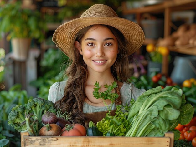 Un adolescent en bonne santé tenant une caisse de légumes au milieu d'un jardin de légumes