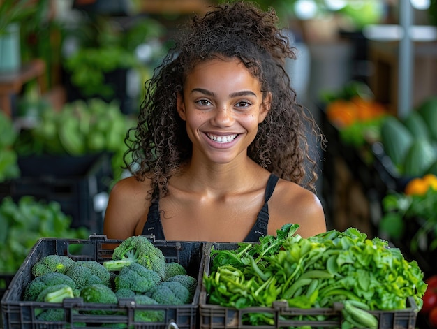 Un adolescent en bonne santé tenant une caisse de légumes au milieu d'un jardin de légumes