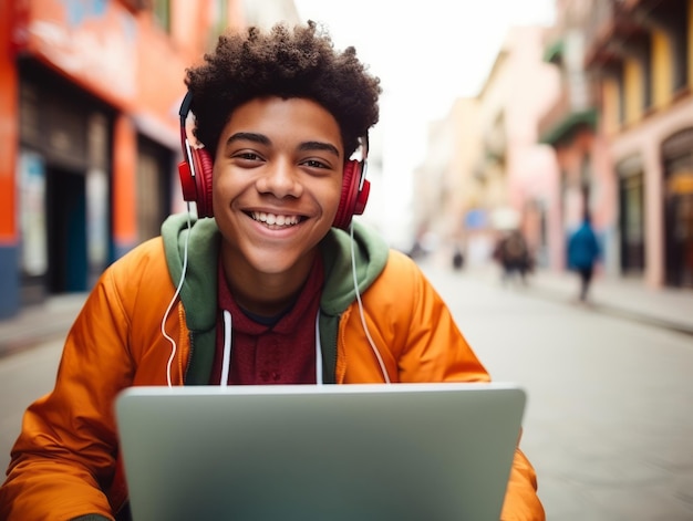 Adolescent colombien travaillant sur un ordinateur portable dans un cadre urbain animé