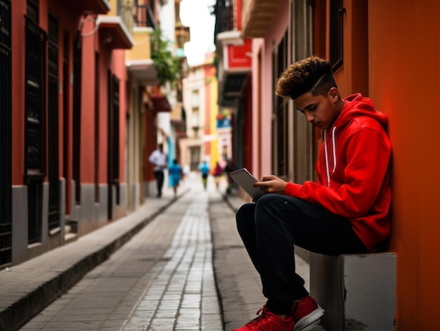 Adolescent colombien travaillant sur un ordinateur portable dans un cadre urbain animé