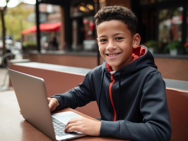 Un adolescent colombien travaille sur un ordinateur portable dans un environnement urbain animé