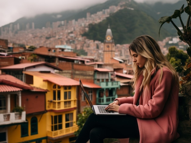 Un adolescent colombien travaille sur un ordinateur portable dans un environnement urbain animé