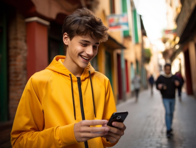 Un adolescent colombien utilise un smartphone pour jouer à des jeux