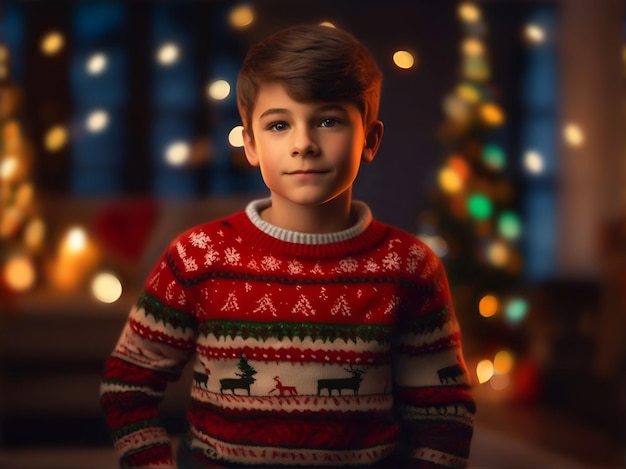 Un adolescent debout dans un chandail de Noël