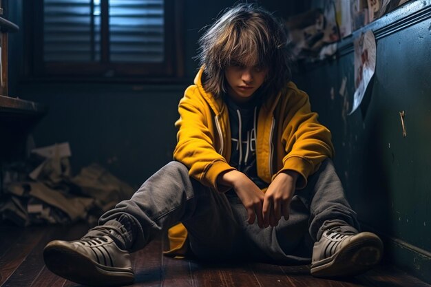 Un adolescent déprimé, triste et solitaire assis par terre dans un couloir.
