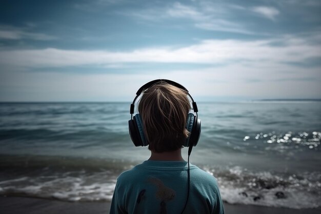 Un adolescent écoute de la musique avec des écouteurs et regarde la mer