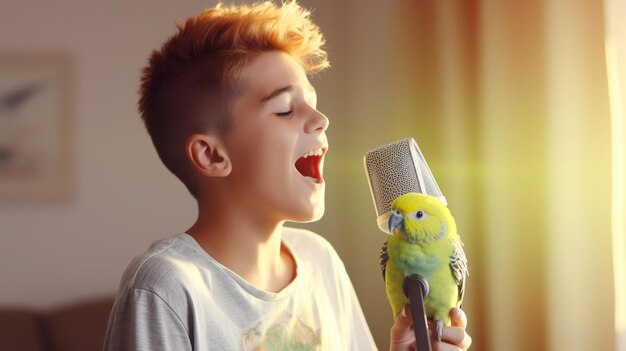 Photo un adolescent enseigne à son perroquet à chanter