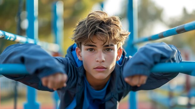 Photo un adolescent fait des plongées de triceps sur un fond parallèle