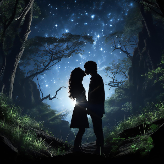 Un adolescent et une fille partageant un baiser passionné sous un ciel étoilé Style 4