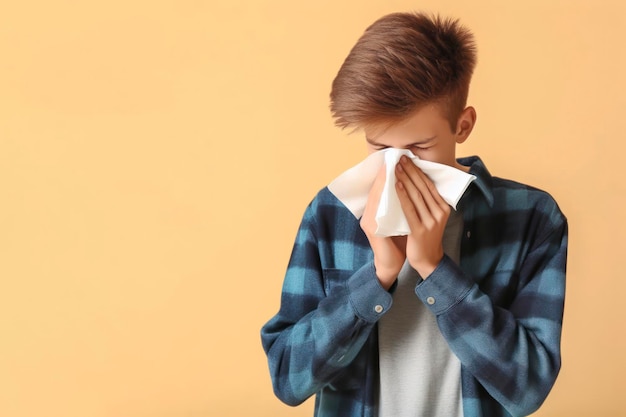 un adolescent heureux avec des serviettes en papier éternuant