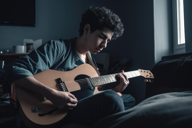 Adolescent hispanique mâle jouant de la guitare dans la musique d'activité de la chambre Generative AI AIG23