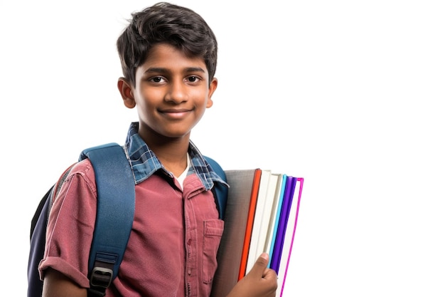 Un adolescent indien heureux avec un sac à dos et des livres sur fond blanc