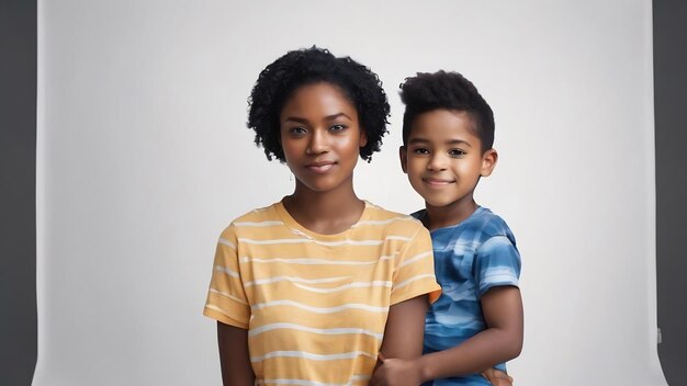 Adolescent et père célibataire jeune mère et fils debout ensemble dos à dos sur le dos de la bannière blanche