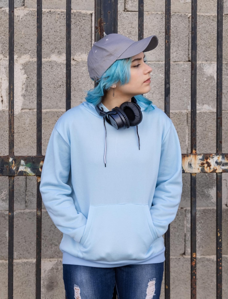 Photo adolescent portant un sweat à capuche surdimensionné bleu clair et une casquette de baseball regardant à droite une adolescente aux cheveux bleus avec un casque sans fil reste à l'extérieur près d'une porte maquette de vêtements et de casquette de baseball