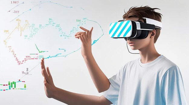 Adolescent portant un t-shirt blanc à l'aide de lunettes de réalité virtuelle avec technologie