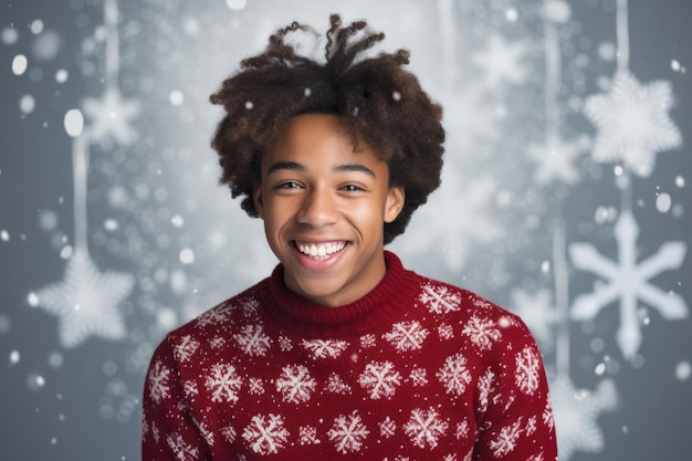 Un adolescent radiant à la peau noire souriant largement dans son pull de Noël festif