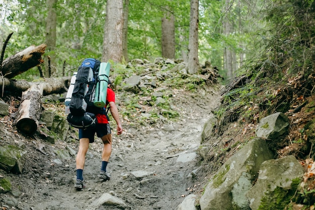 Adolescent, randonnée avec un sac à dos dans la forêt