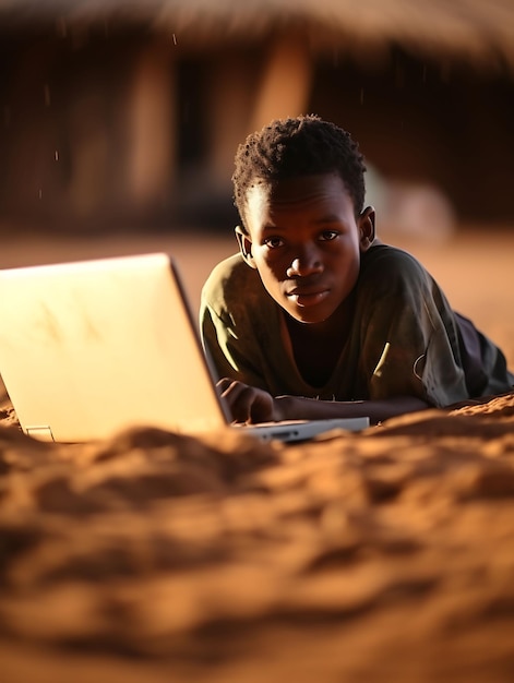 Photo un adolescent regardant des dessins animés sur un ordinateur portable rayé souriant idées de concept de séance photo pour enfants des bidonvilles