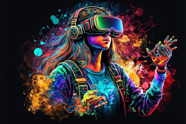 Adolescent s'amusant à jouer aux lunettes de réalité virtuelle VR Illustration Generative AI