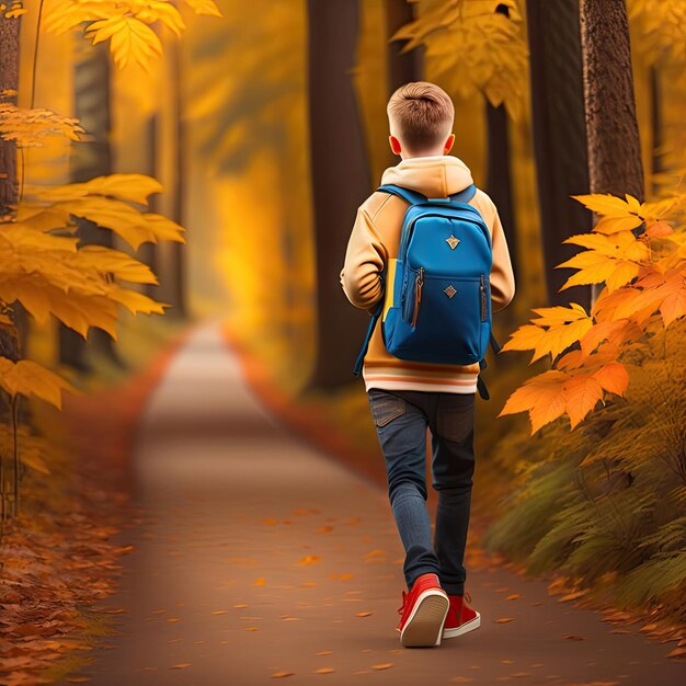 Un adolescent avec un sac à dos marche sur un sentier dans le parc d'automne Mode de vie actif Retour à l'école
