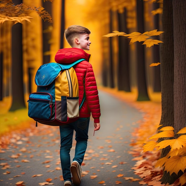 Un adolescent avec un sac à dos marche sur un sentier dans le parc d'automne Mode de vie actif Retour à l'école