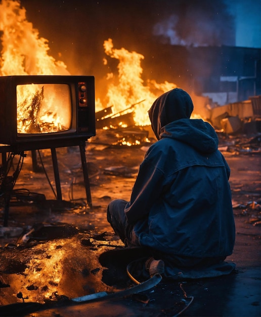 Un adolescent sans abri regarde une télévision en flammes dans un désert toxique.