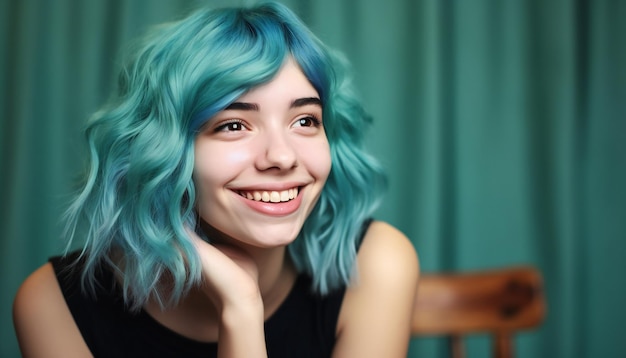 Adolescent souriant aux cheveux turquoise